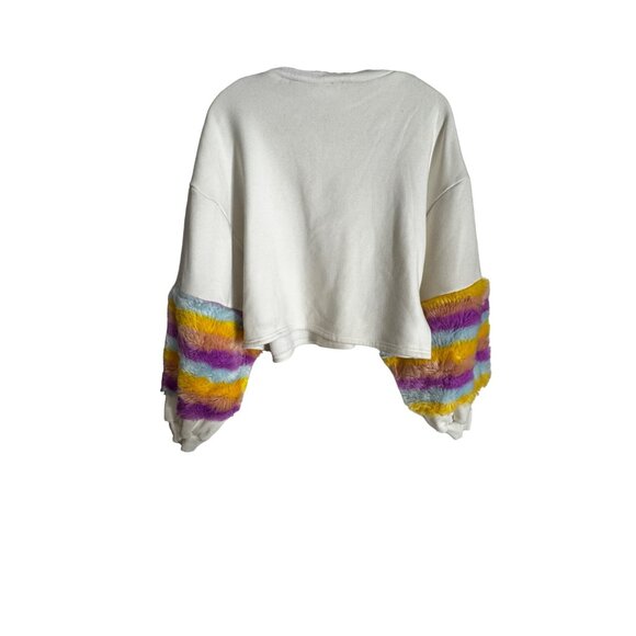 Colorful Faux Fur Sleeve Sweatshirt By Blue Blush medium Furry Unicorn Rainbow - Picture 2 of 8